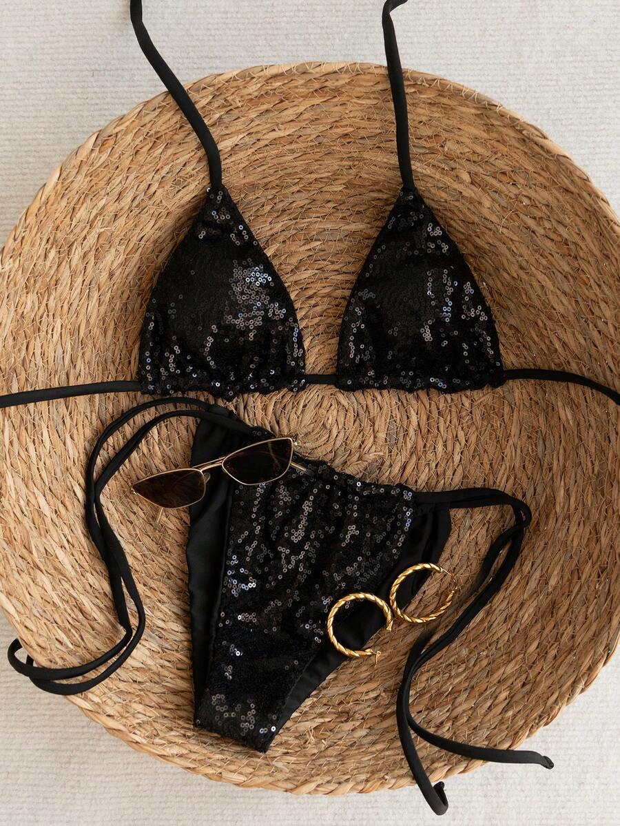 Women's apricot solid halter tie bikini top with triangle cups and matching tie-side swimsuit bottoms.