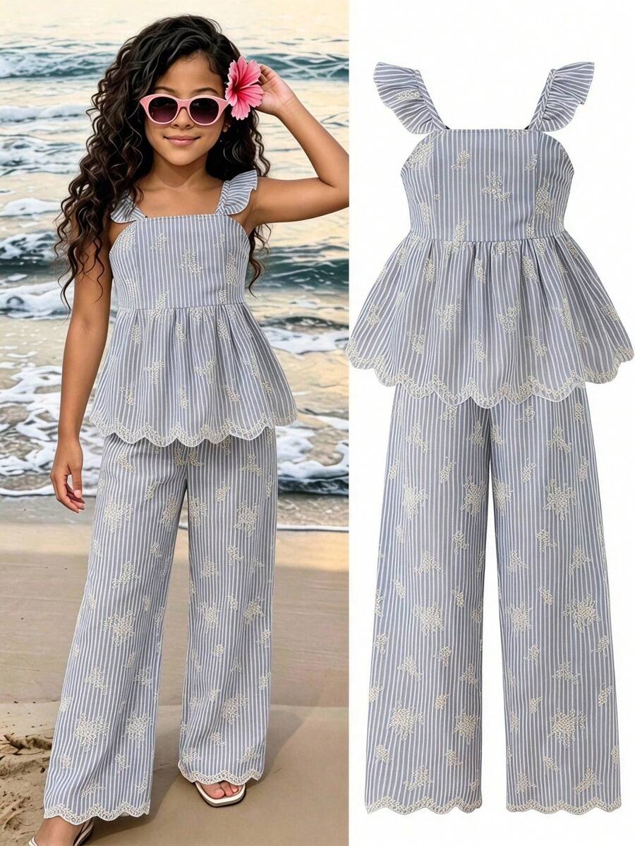 Tween girl wearing an apricot 2-piece outfit set featuring a shirred spaghetti strap short cami top and matching wide-leg long pants.