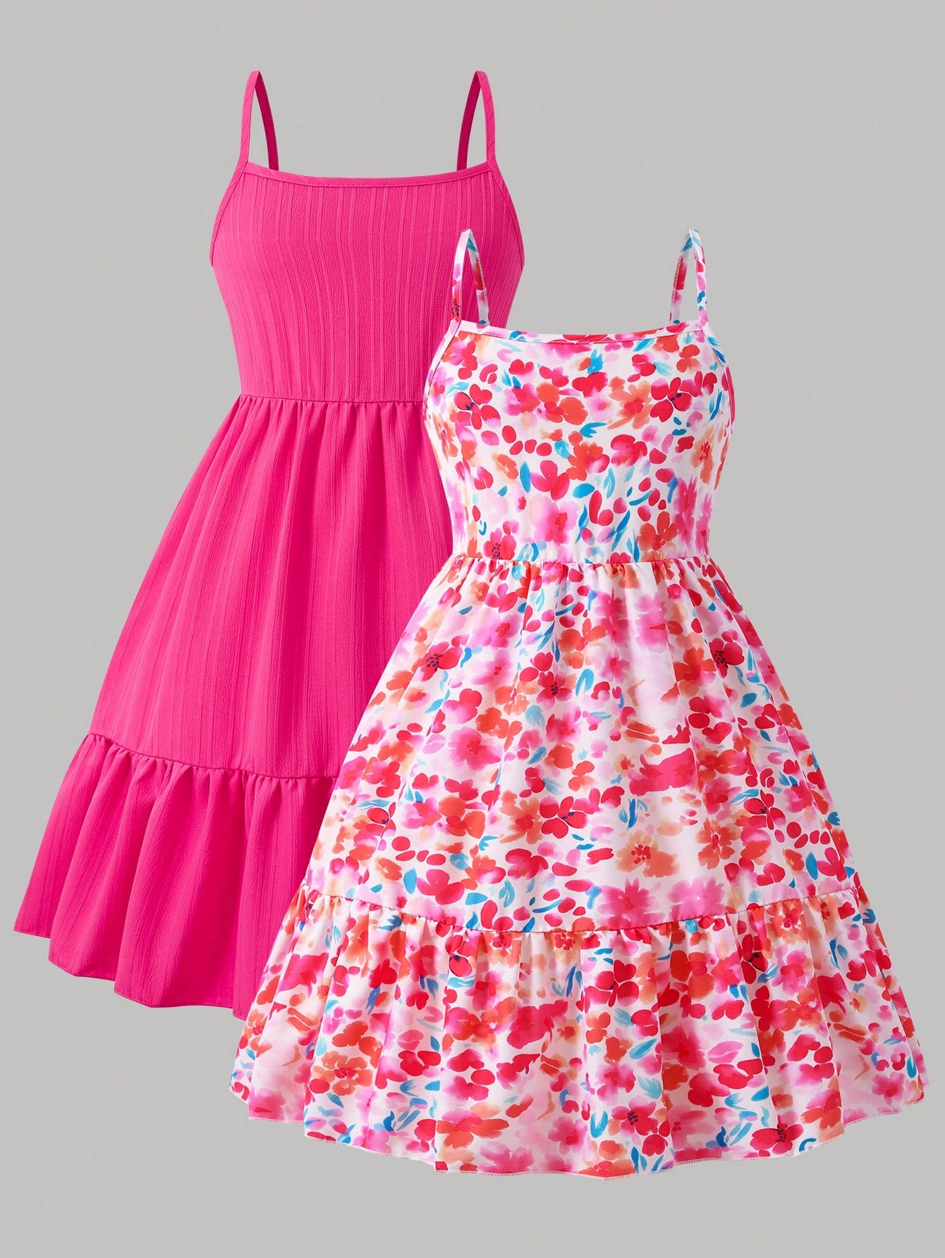 Tween girl blue plant print spaghetti strap cami dress with shirred high waist and flounce ruffled hem