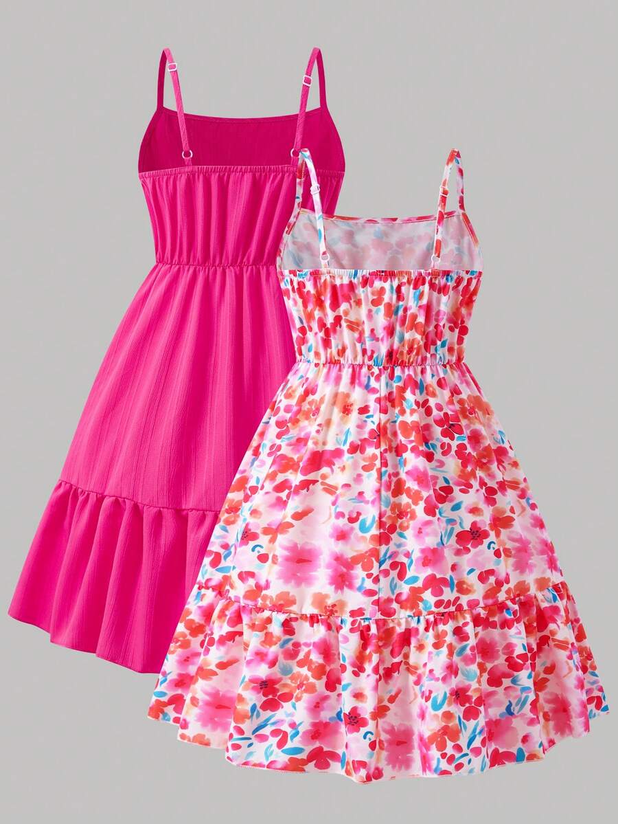Tween girl blue plant print spaghetti strap cami dress with shirred high waist and flounce ruffled hem