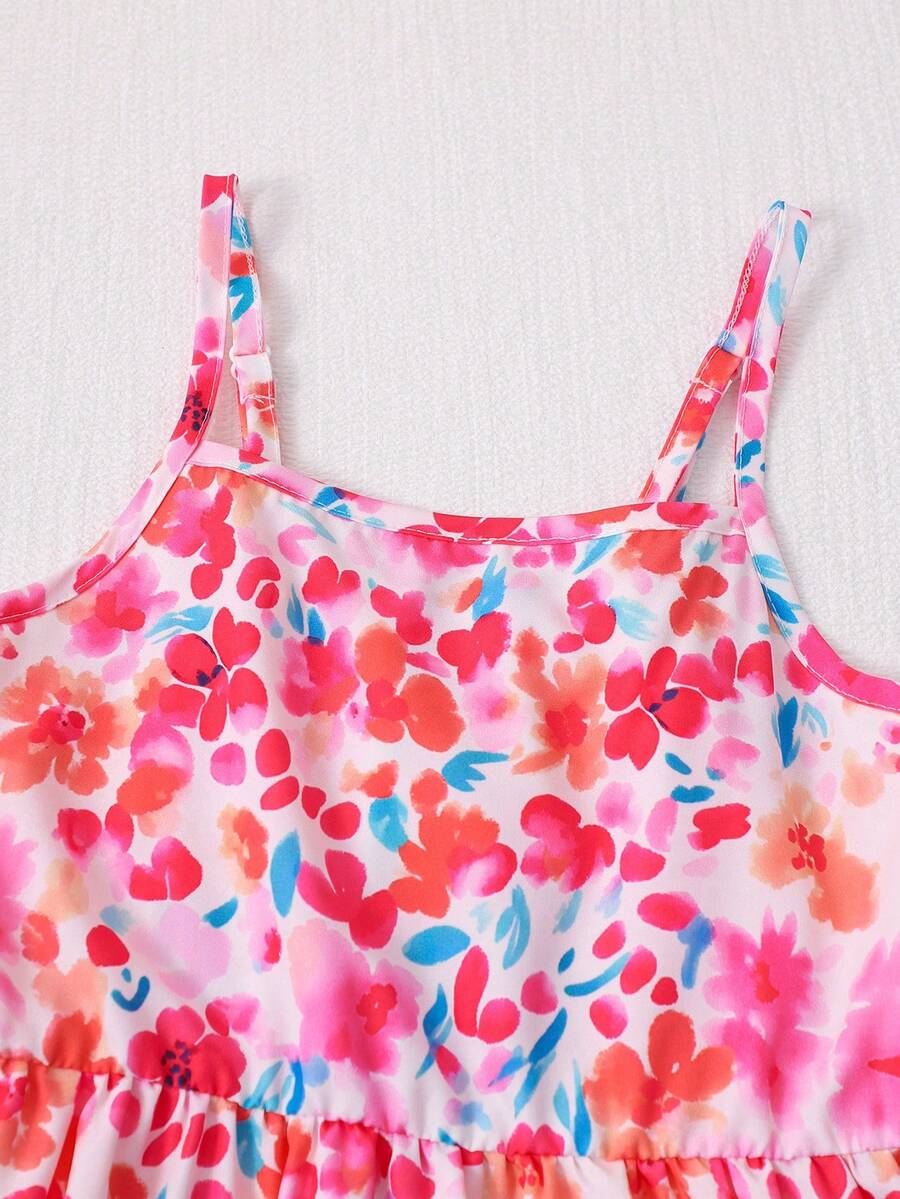 Tween girl blue plant print spaghetti strap cami dress with shirred high waist and flounce ruffled hem