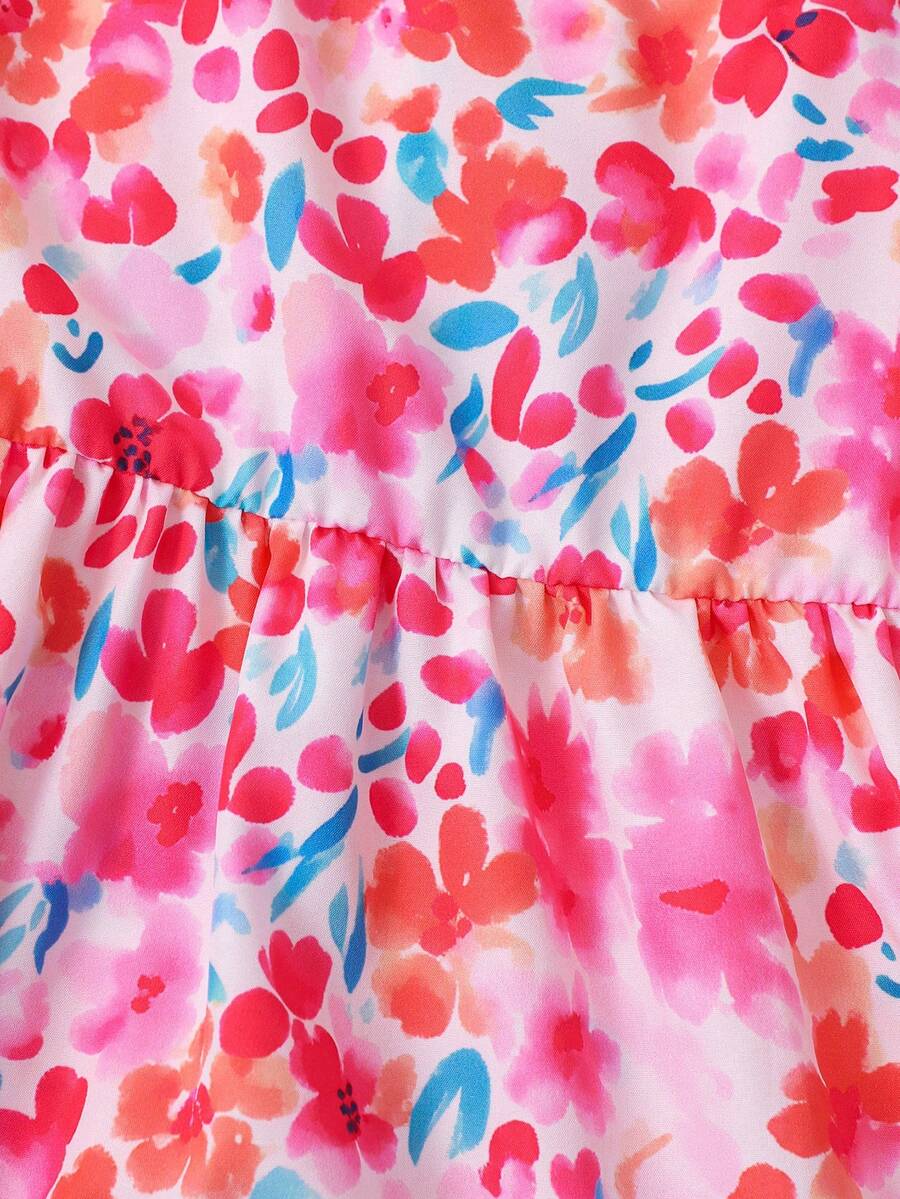 Tween girl blue plant print spaghetti strap cami dress with shirred high waist and flounce ruffled hem