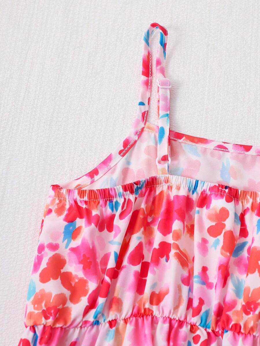 Tween girl blue plant print spaghetti strap cami dress with shirred high waist and flounce ruffled hem