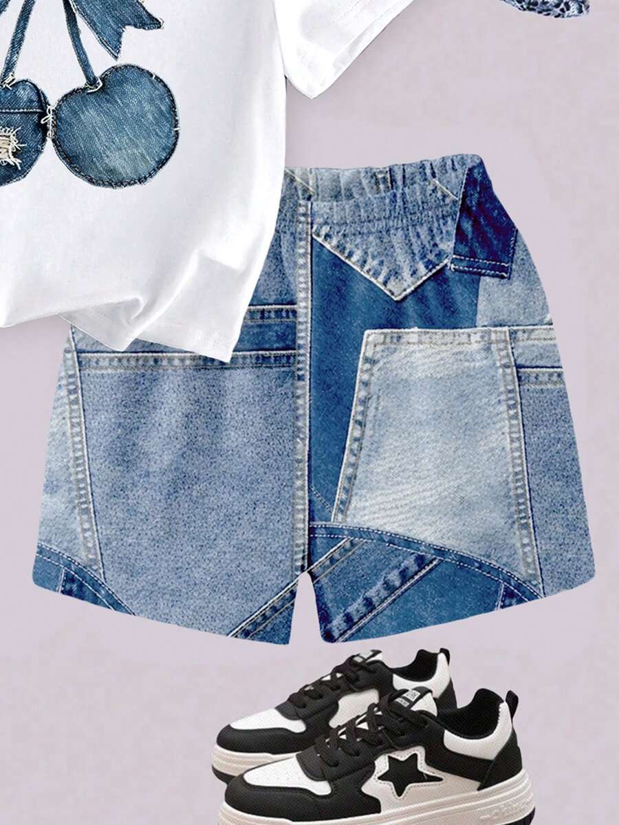 Girls' multicolor short sleeve T-shirt and shorts set featuring a cute cherry and bow print with round neck top and matching shorts.