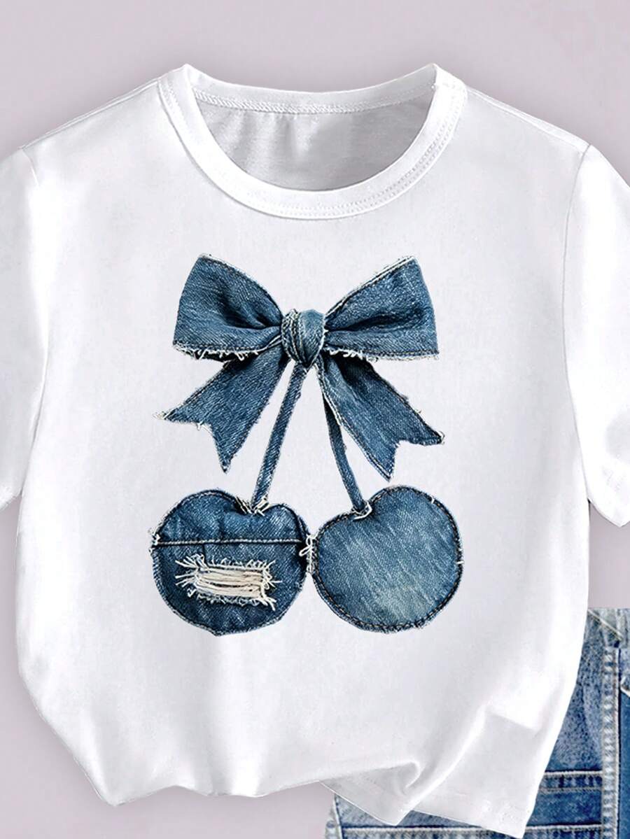 Girls' multicolor short sleeve T-shirt and shorts set featuring a cute cherry and bow print with round neck top and matching shorts.
