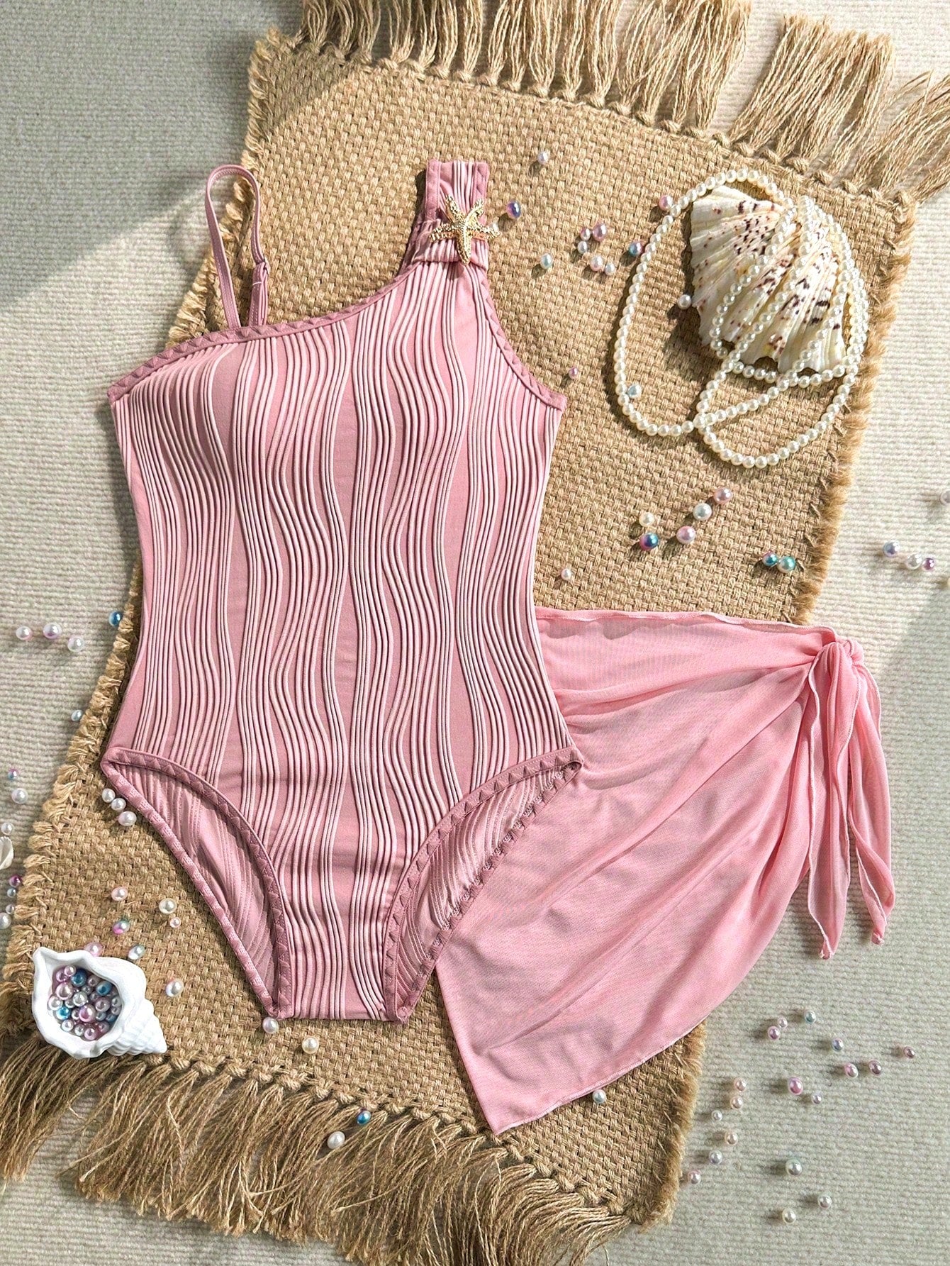 Tween Girl Solid Color Fashionable Starfish Decor One-Piece Swimsuit