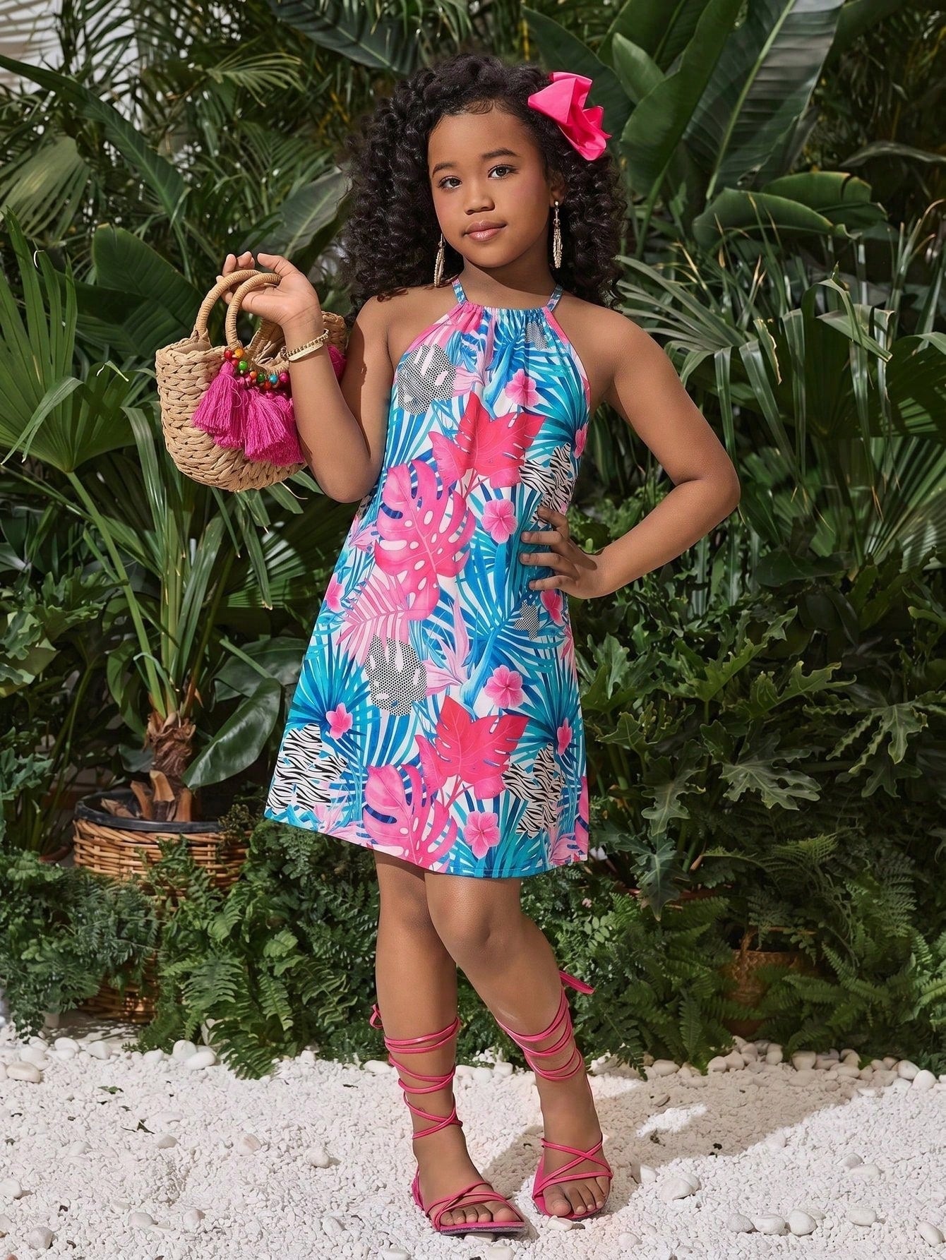 Tween girls floral halter neck sleeveless tunic dress with button detail, plant pattern, loose fit, short length, and vacation style for casual summer wear.