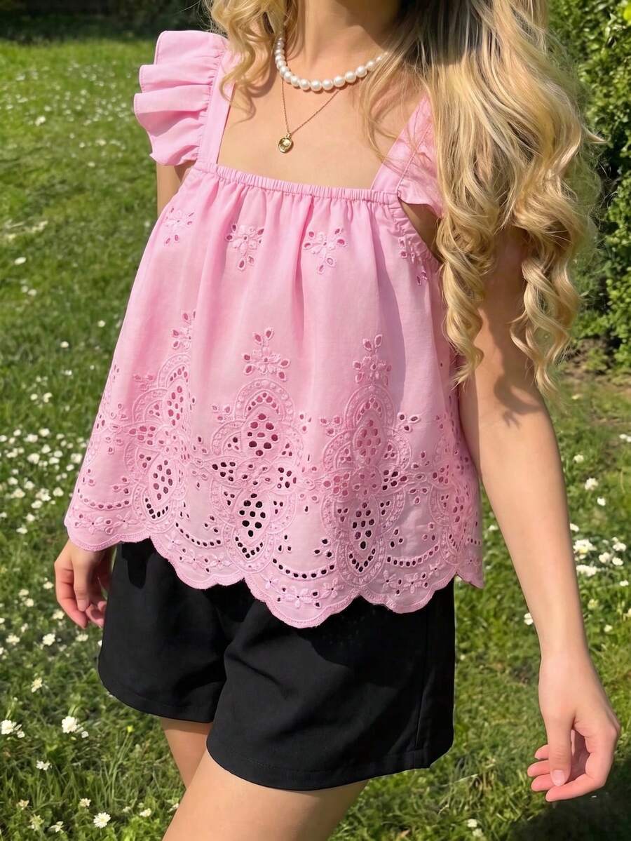 Tween girls 2-piece bohemian outfit set in apricot featuring a square neck embroidered sleeveless camisole top and matching floral wide leg shorts.