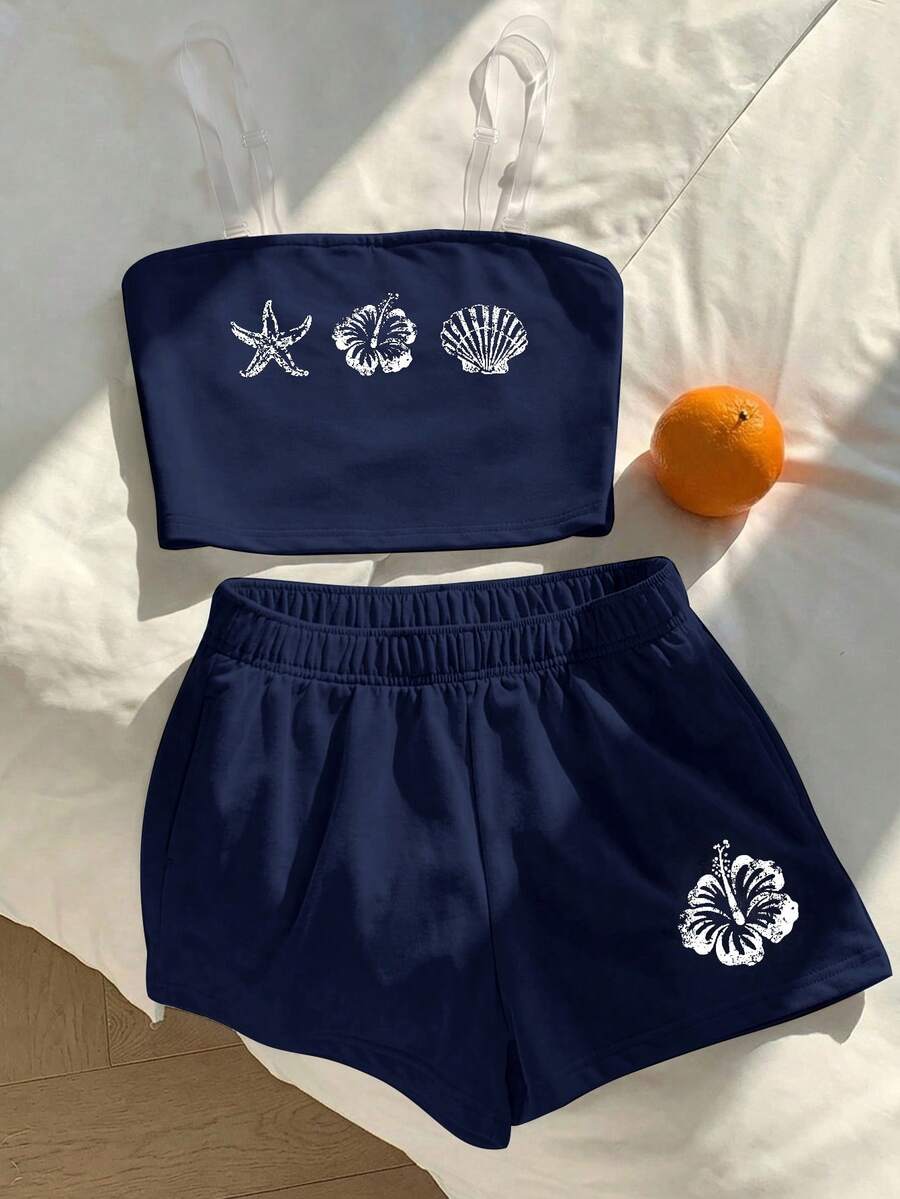 Tween girls two-piece summer outfit featuring a brown strapless tube top with contrast pink tape accent and matching brown shorts with pockets.