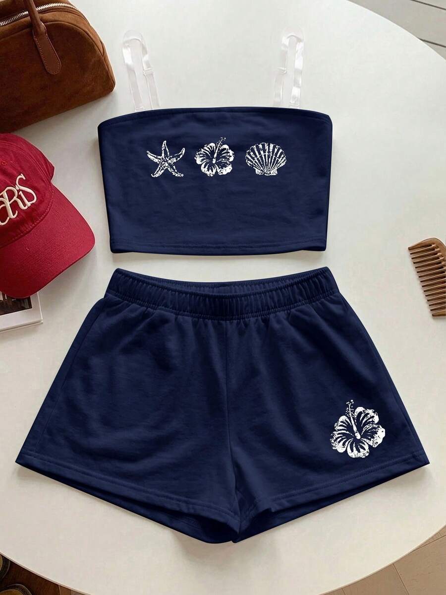Tween girls two-piece summer outfit featuring a brown strapless tube top with contrast pink tape accent and matching brown shorts with pockets.