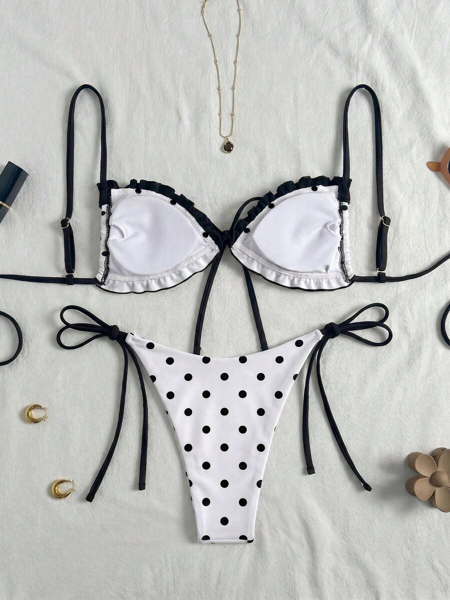 Women's beige two-piece bikini set featuring a wireless top with removable padding, spaghetti straps, tie back detail, and low waist hipster swimsuit bottoms.