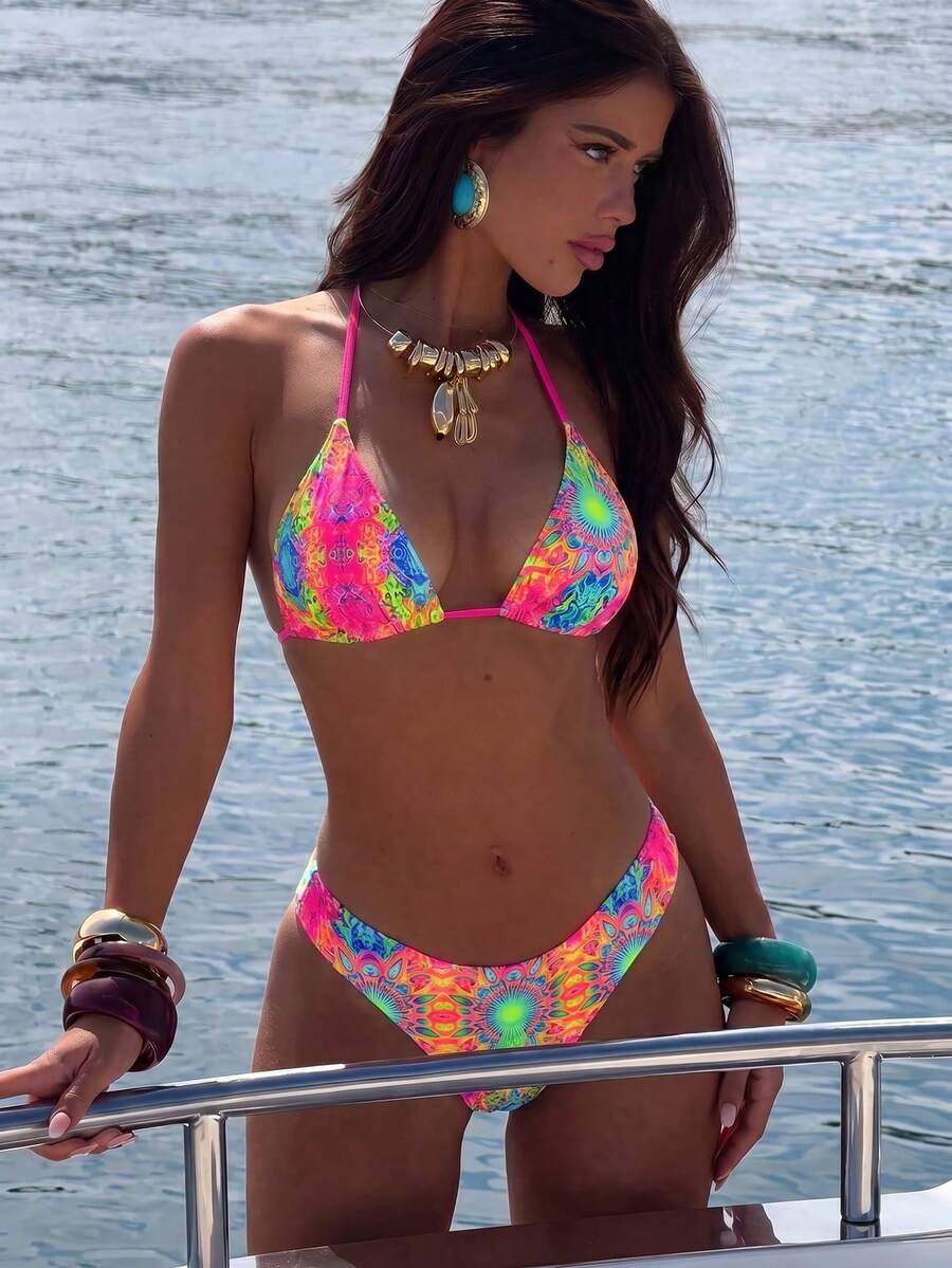 Women's apricot 2-piece halter bikini set featuring a wireless triangle top with tie-back detail and high-waisted high-cut bottoms.