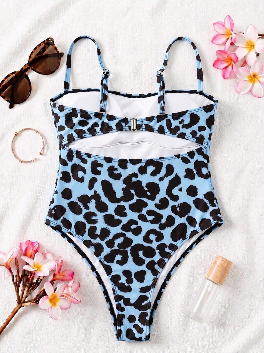 Black colorblock women's one-piece swimsuit with spaghetti straps and high stretch fabric.