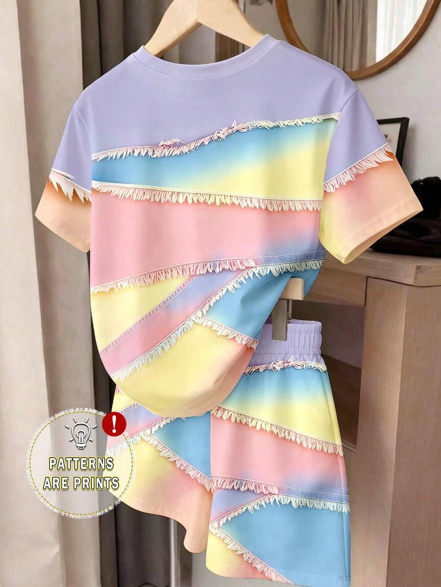 Girls' multicolor short sleeve T-shirt and shorts set featuring a cute cherry and bow print with round neck top and matching shorts.
