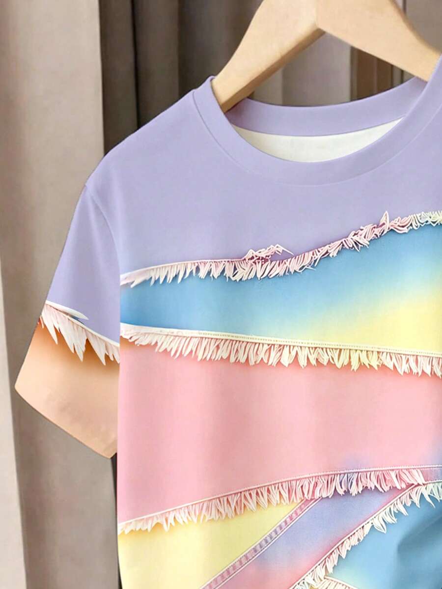 Girls' multicolor short sleeve T-shirt and shorts set featuring a cute cherry and bow print with round neck top and matching shorts.
