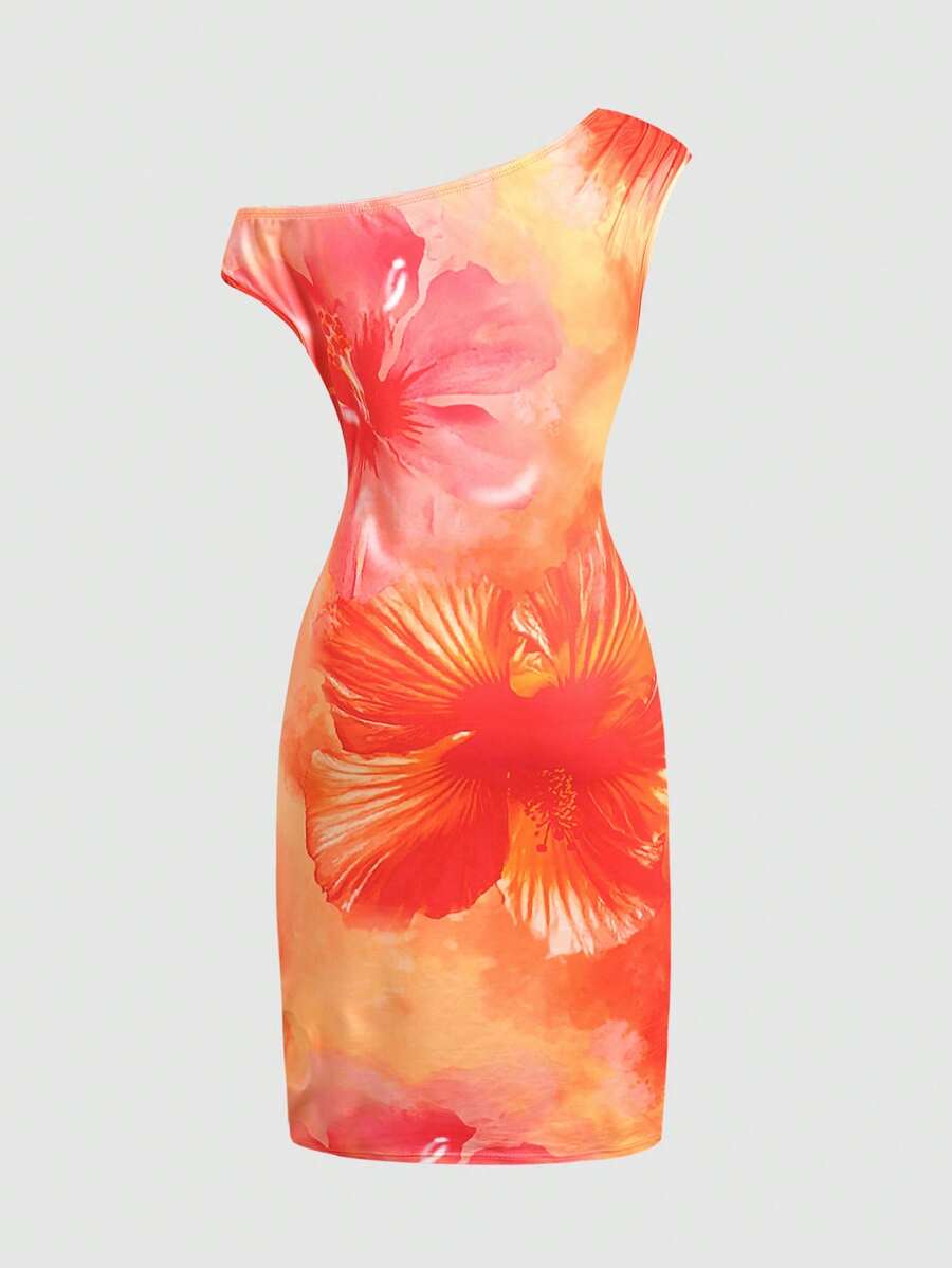 Yellow asymmetrical neck slim fit dress for tween girls with sleeveless design, plain textured knit fabric, natural waist, and pencil hem