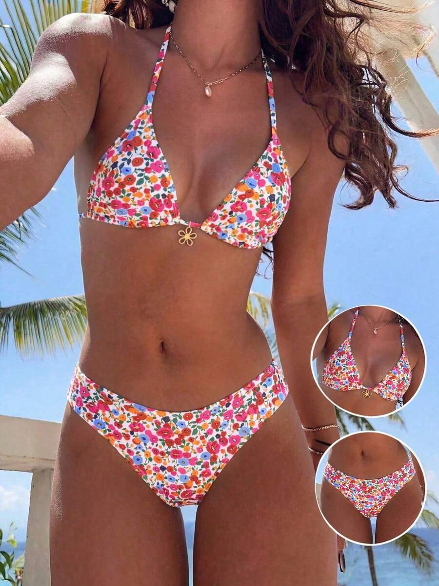 Women's apricot 2-piece halter bikini set featuring a wireless triangle top with tie-back detail and high-waisted high-cut bottoms.