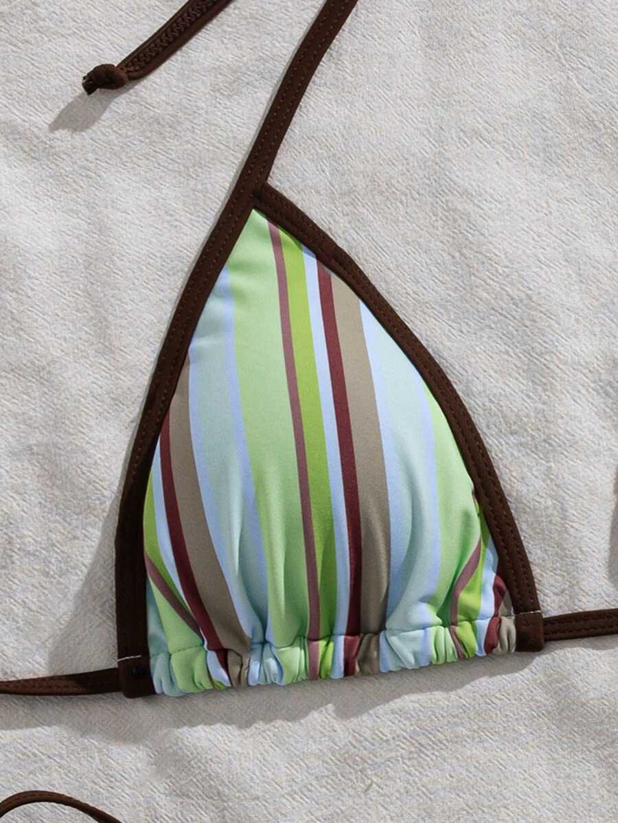Women's two-piece halter triangle bikini set featuring a backless tie-back top with removable padding and matching tie-side mid-waist bottoms.