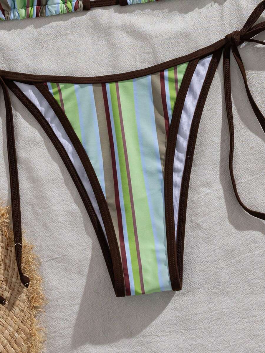 Women's two-piece halter triangle bikini set featuring a backless tie-back top with removable padding and matching tie-side mid-waist bottoms.