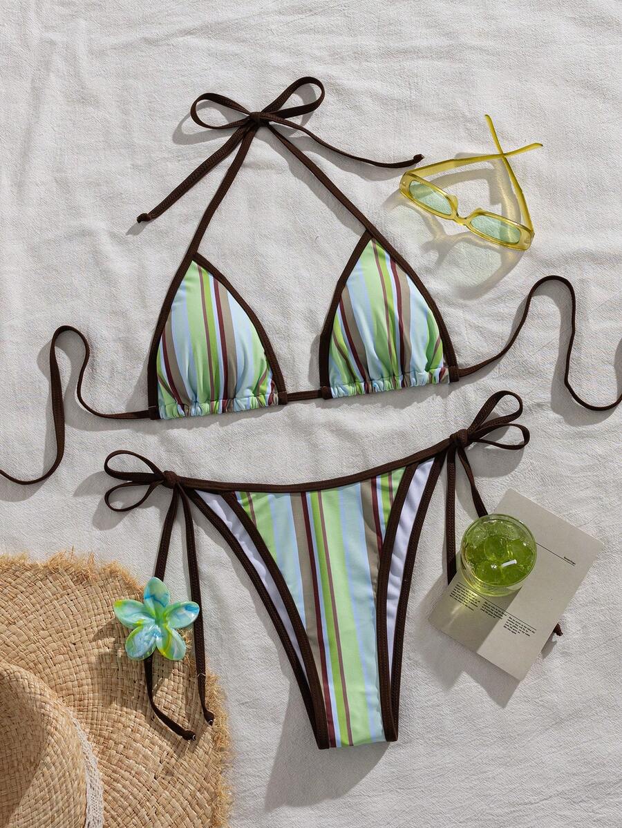 Women's two-piece halter triangle bikini set featuring a backless tie-back top with removable padding and matching tie-side mid-waist bottoms.