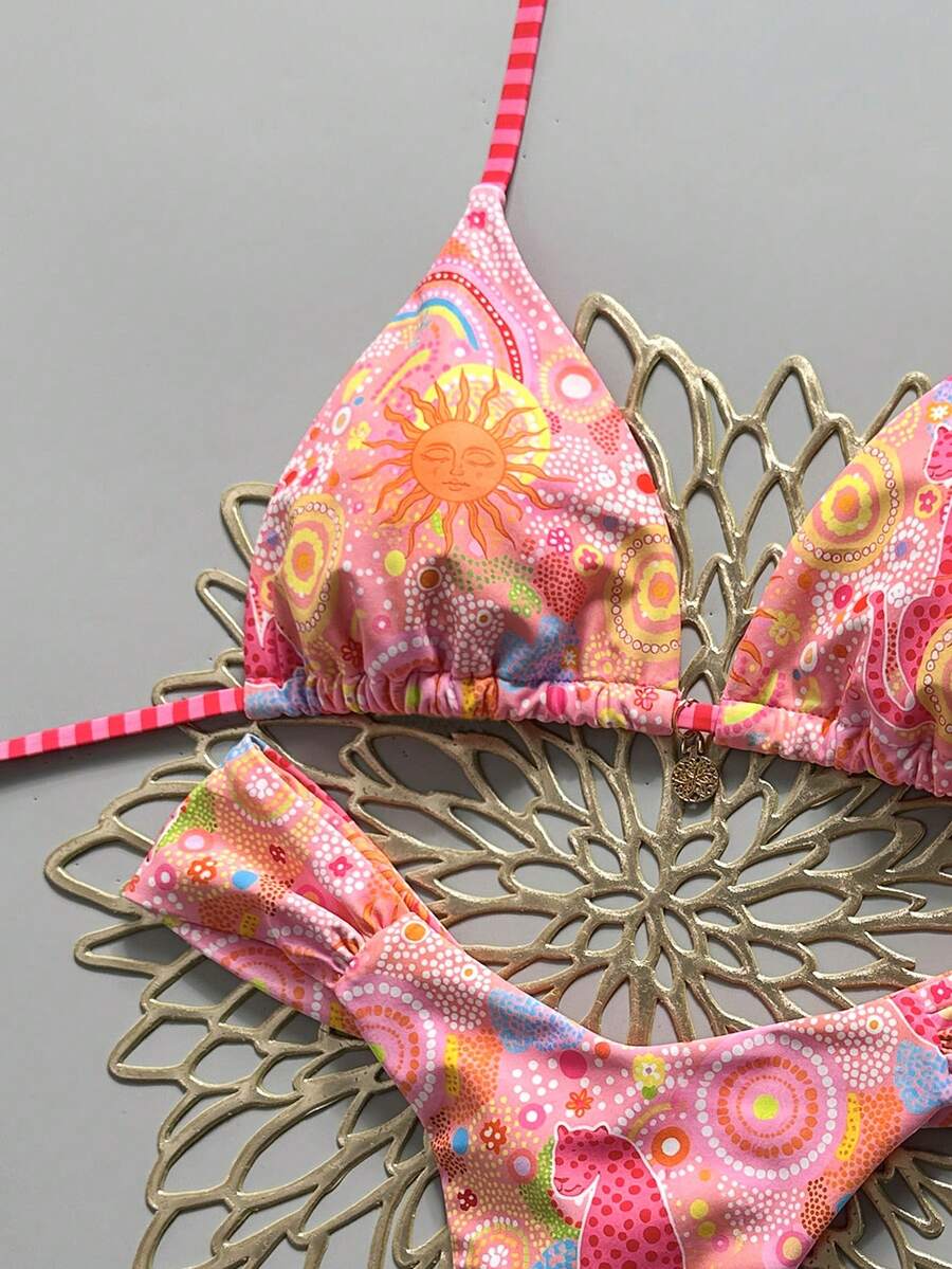 Women's 2-piece triangle cup bikini set in solid color featuring woven pearl shell decoration, halter neckline, and high-waist side-tie ruched bottoms.