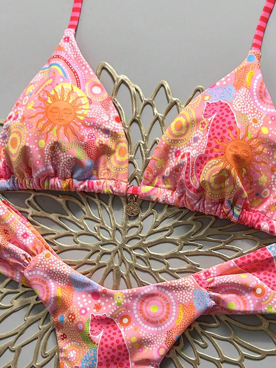 Women's 2-piece triangle cup bikini set in solid color featuring woven pearl shell decoration, halter neckline, and high-waist side-tie ruched bottoms.
