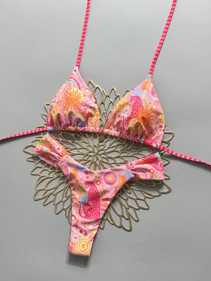 Women's 2-piece triangle cup bikini set in solid color featuring woven pearl shell decoration, halter neckline, and high-waist side-tie ruched bottoms.