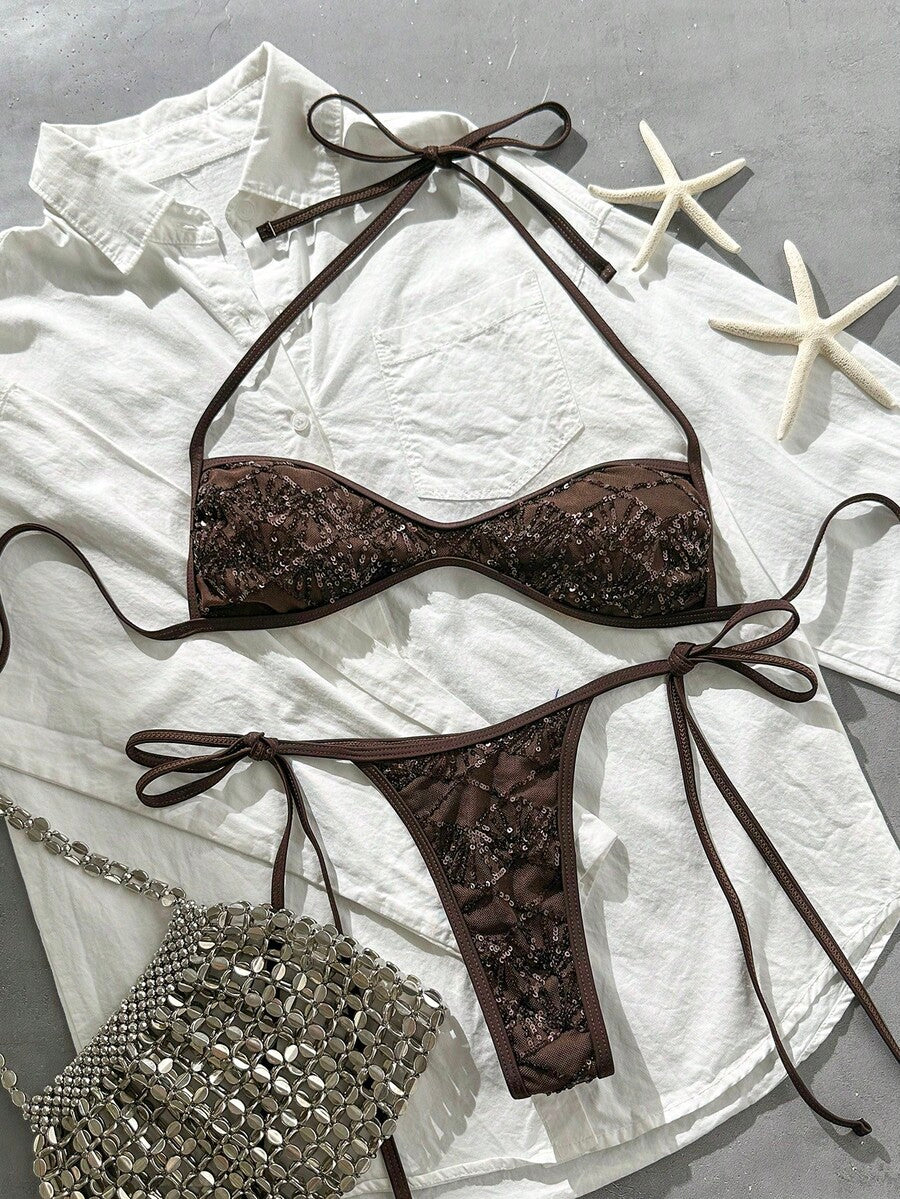 Apricot 2-piece sequin textured halter bikini set featuring a wireless top with lace-up backless ties and matching low-waist side-tie thong bottoms.