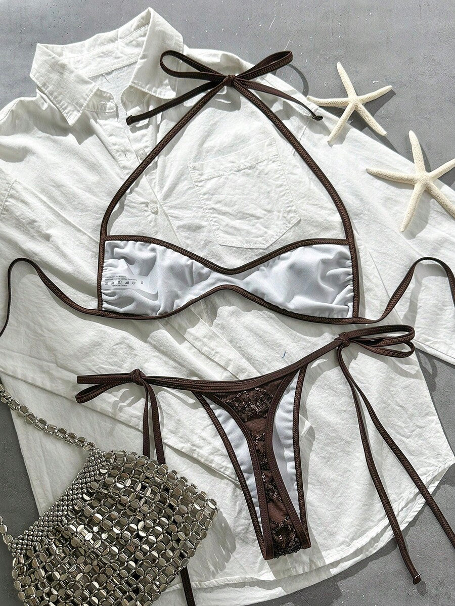 Apricot 2-piece sequin textured halter bikini set featuring a wireless top with lace-up backless ties and matching low-waist side-tie thong bottoms.