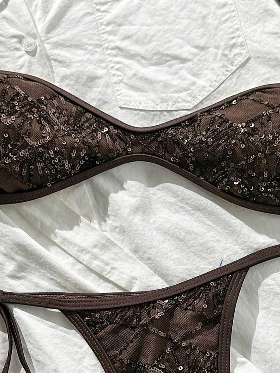 Apricot 2-piece sequin textured halter bikini set featuring a wireless top with lace-up backless ties and matching low-waist side-tie thong bottoms.