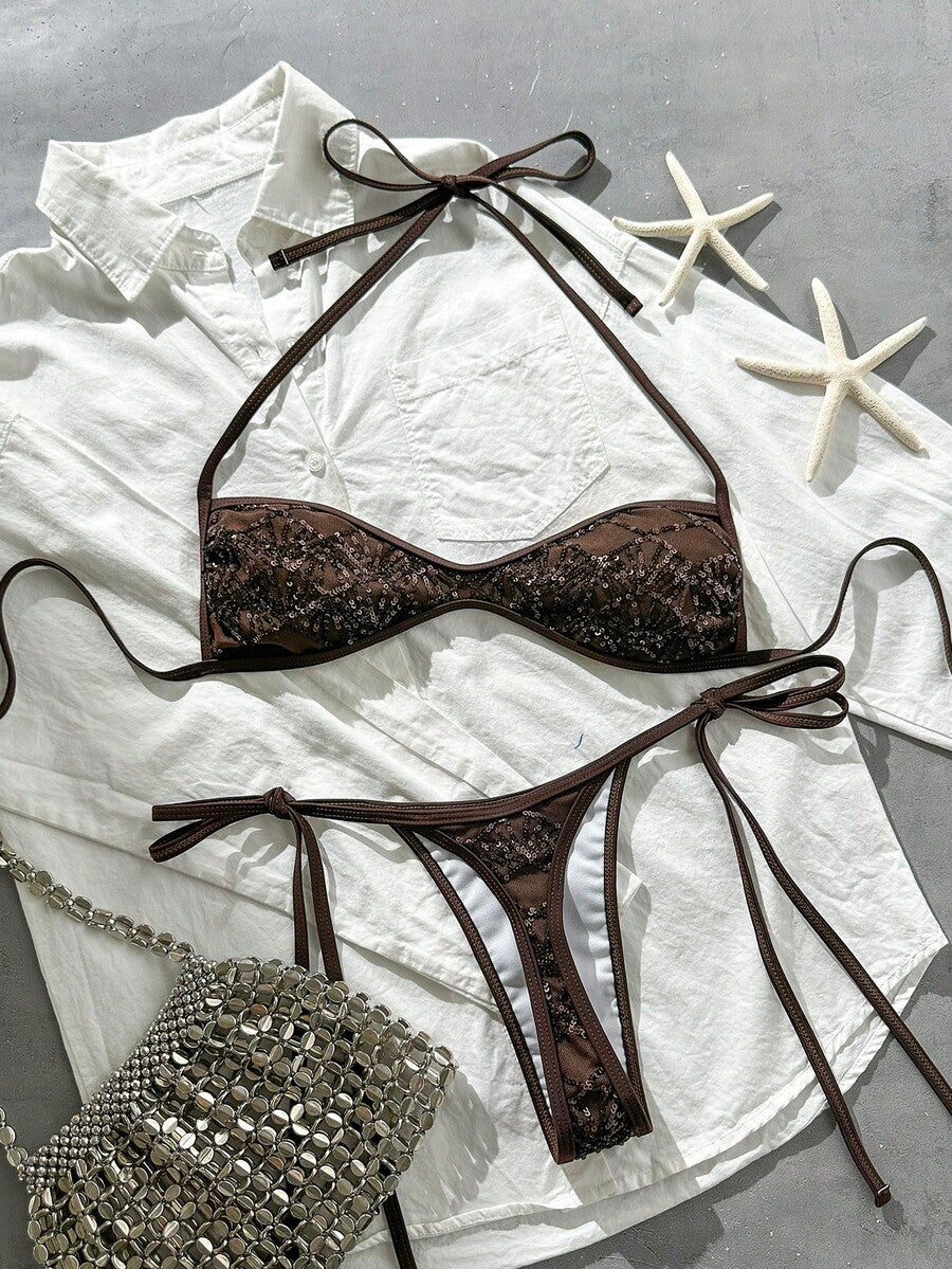 Apricot 2-piece sequin textured halter bikini set featuring a wireless top with lace-up backless ties and matching low-waist side-tie thong bottoms.