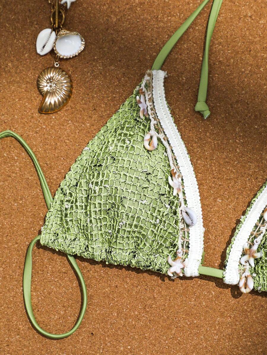 Women's boho halter bikini set featuring a backless lace-up top with wireless 3/4 cups and matching mid-waist bikini bottoms.