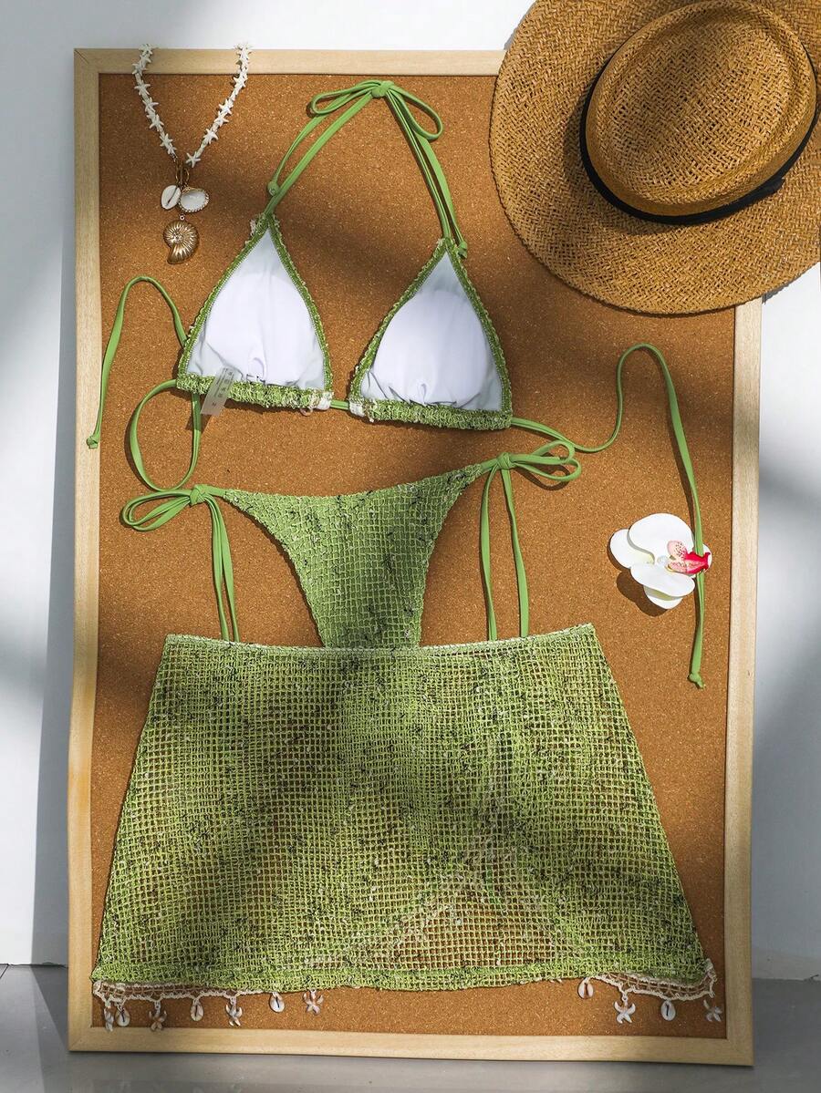 Women's boho halter bikini set featuring a backless lace-up top with wireless 3/4 cups and matching mid-waist bikini bottoms.
