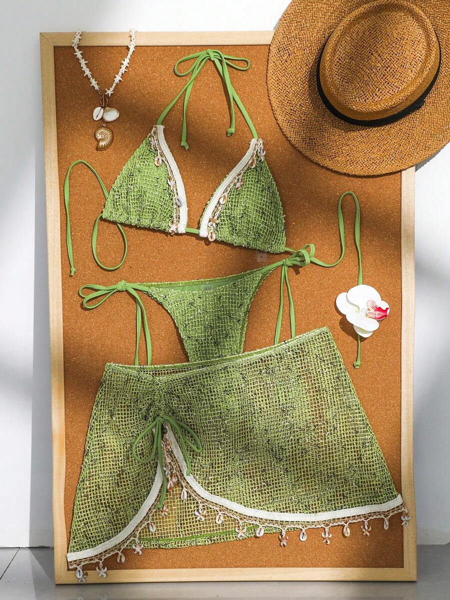 Women's boho halter bikini set featuring a backless lace-up top with wireless 3/4 cups and matching mid-waist bikini bottoms.