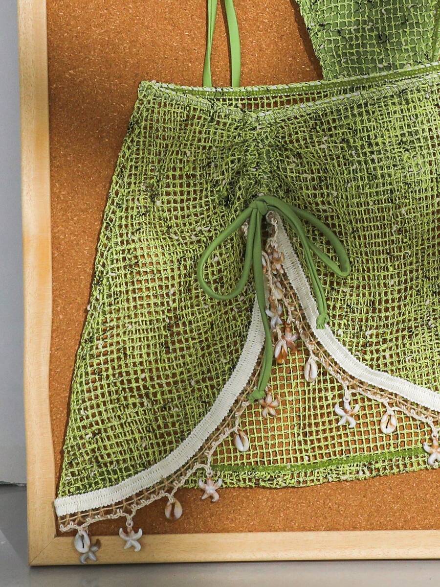 Women's boho halter bikini set featuring a backless lace-up top with wireless 3/4 cups and matching mid-waist bikini bottoms.