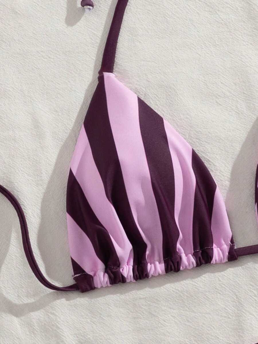 Multicolor striped halter neck two-piece bikini set featuring wireless triangle cups and low-waist tie-side bottoms.
