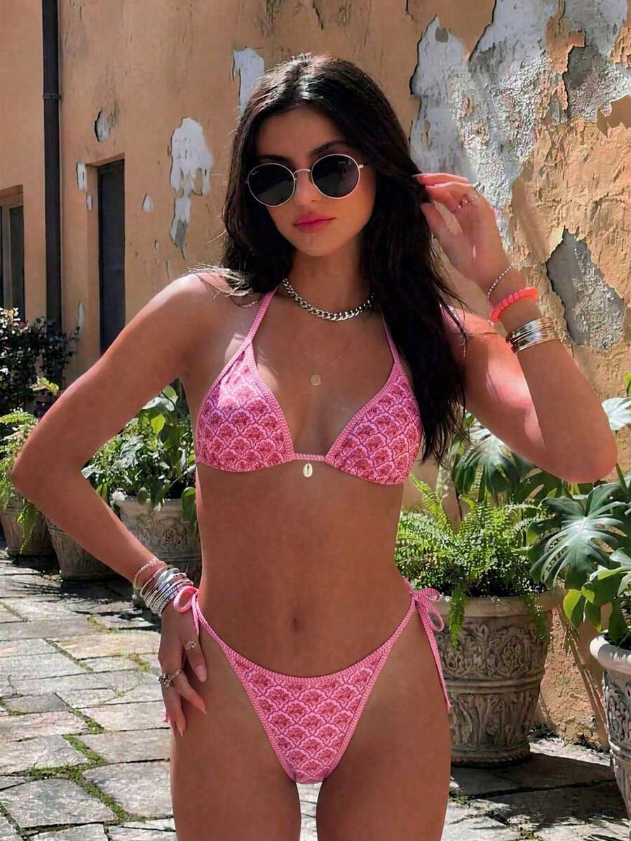 Apricot 2-piece bikini swimwear set featuring a textured halter triangle cup top with knot details and matching tie-side bottoms for women.