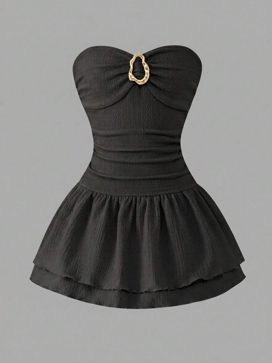 Tween girls apricot sleeveless halter mini dress with textured starfish and shell decor, shirred tiered layer, high waist, and flounce hem.