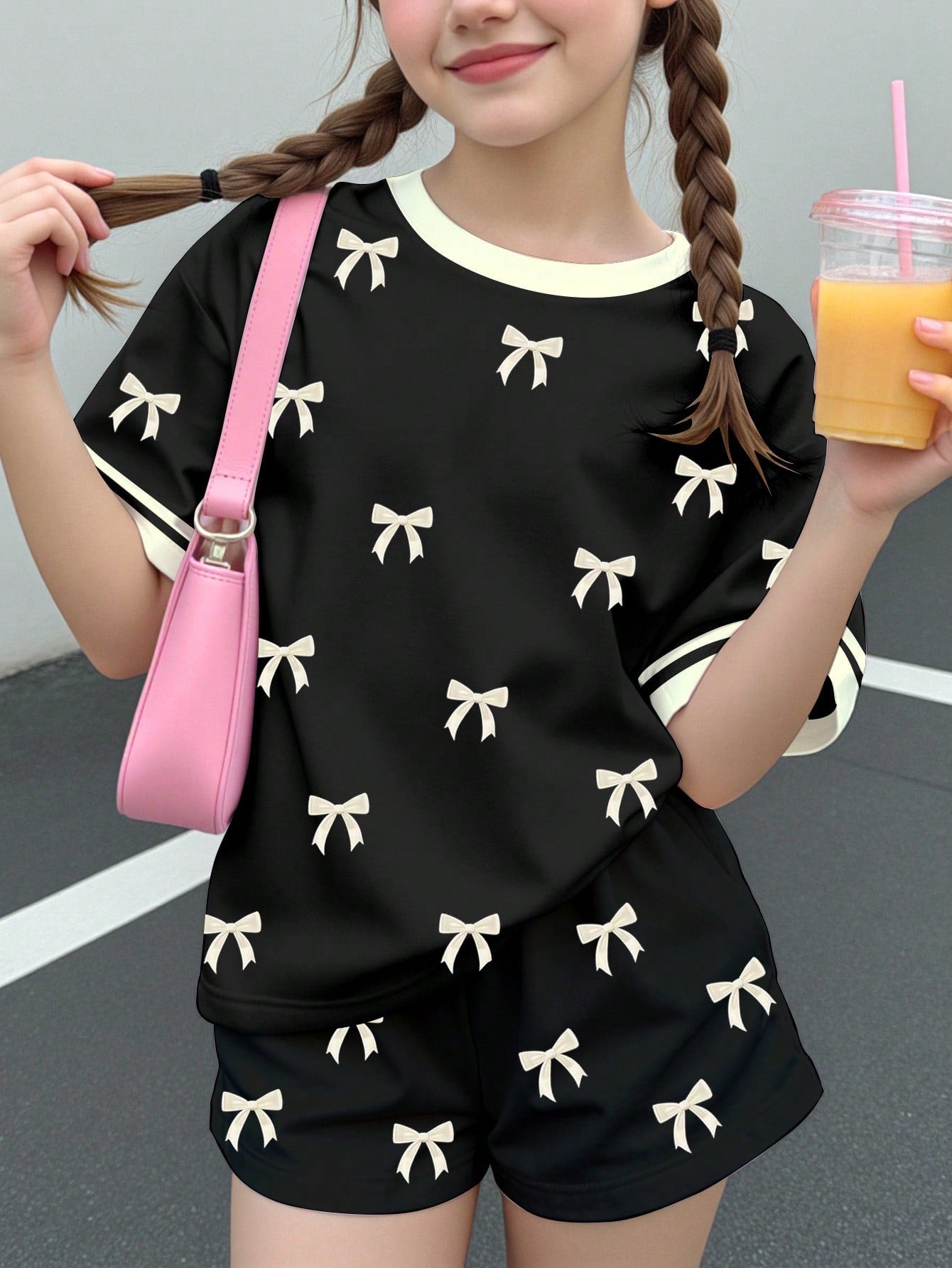 Multicolor heart print short sleeve top and loose shorts 2-piece set for tween girls