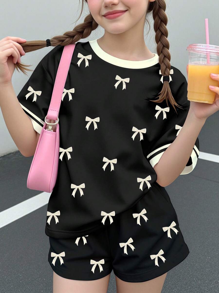 Multicolor heart print short sleeve top and loose shorts 2-piece set for tween girls