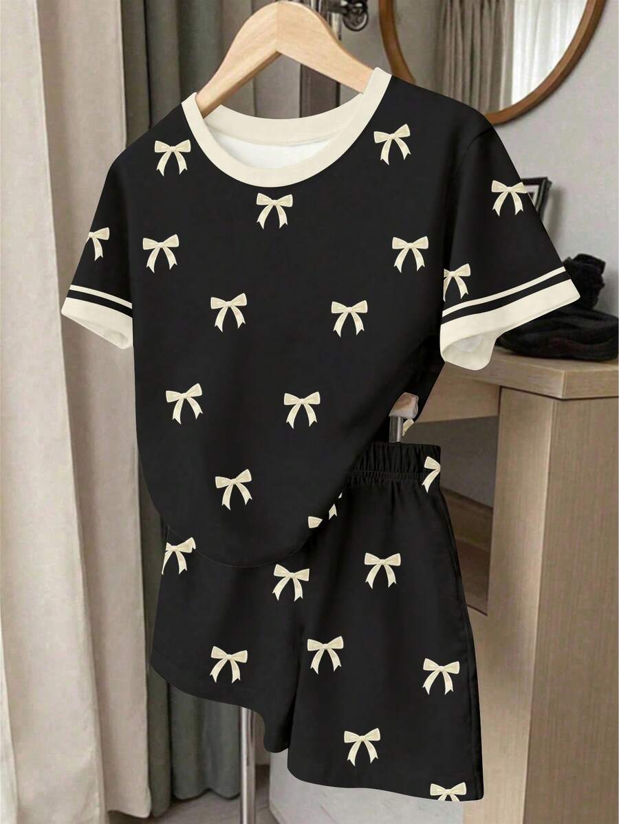 Multicolor heart print short sleeve top and loose shorts 2-piece set for tween girls