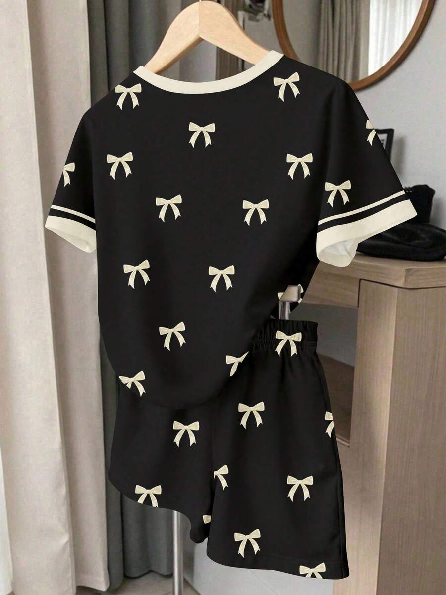 Multicolor heart print short sleeve top and loose shorts 2-piece set for tween girls