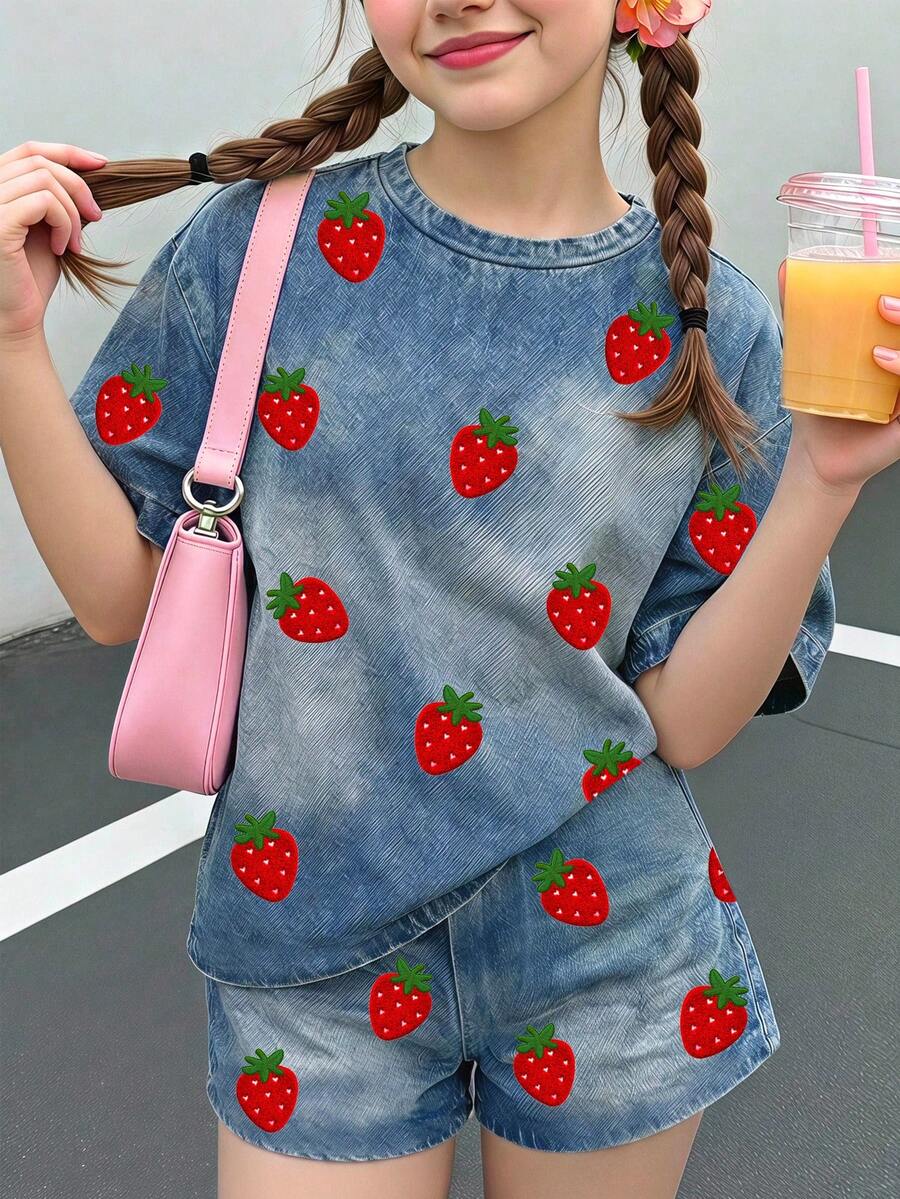 Multicolor heart print short sleeve top and loose shorts 2-piece set for tween girls