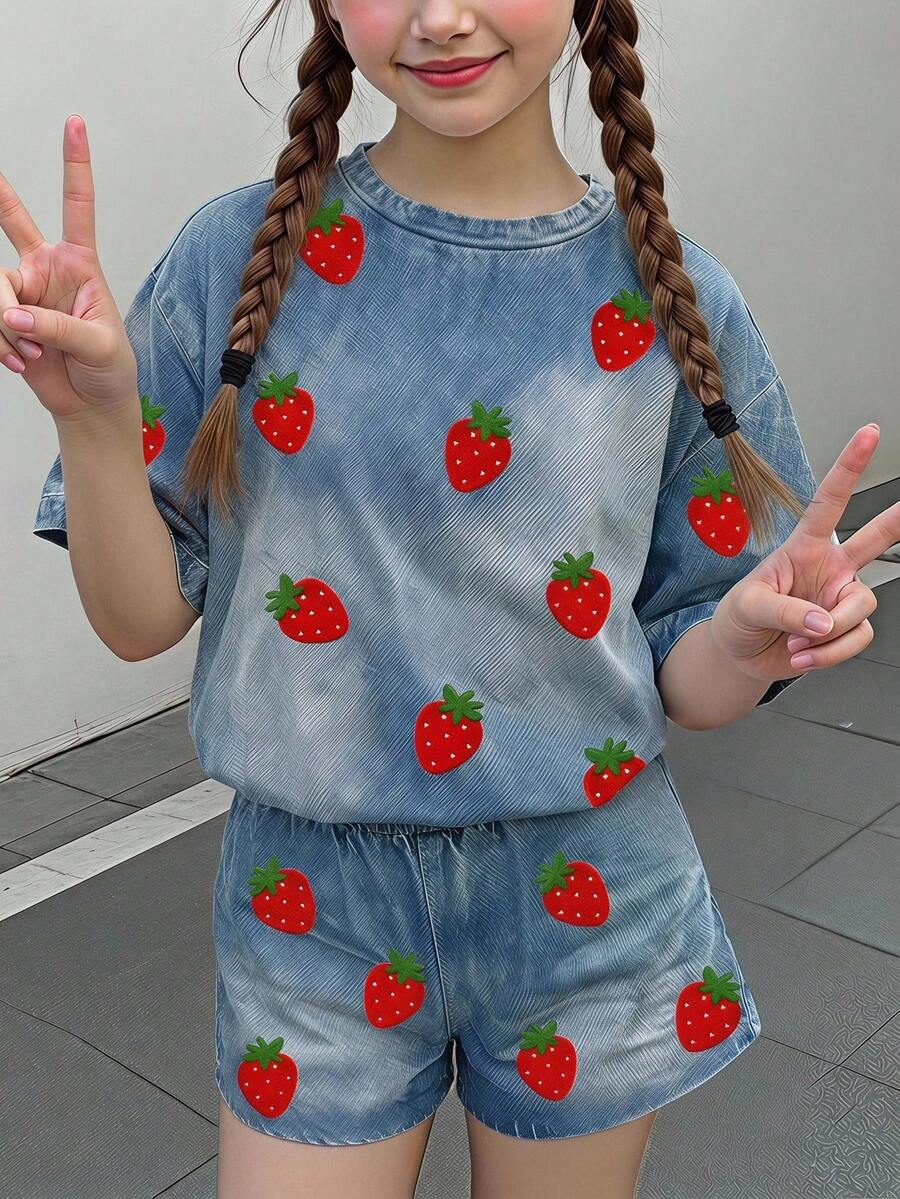 Multicolor heart print short sleeve top and loose shorts 2-piece set for tween girls