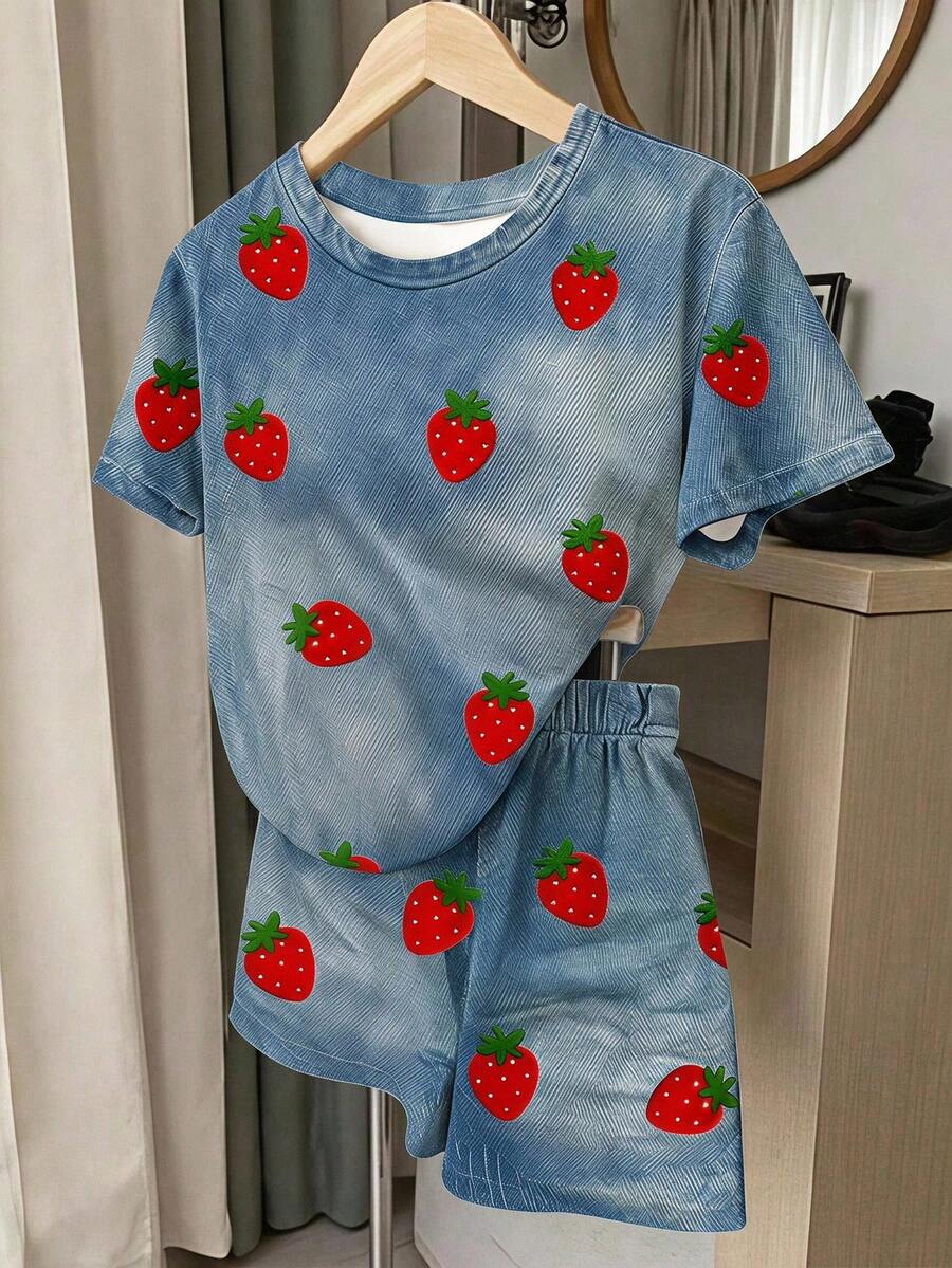 Multicolor heart print short sleeve top and loose shorts 2-piece set for tween girls