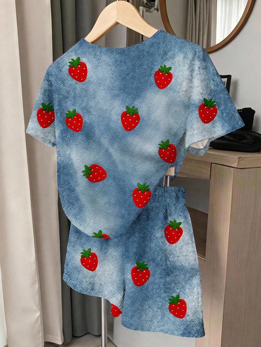 Multicolor heart print short sleeve top and loose shorts 2-piece set for tween girls