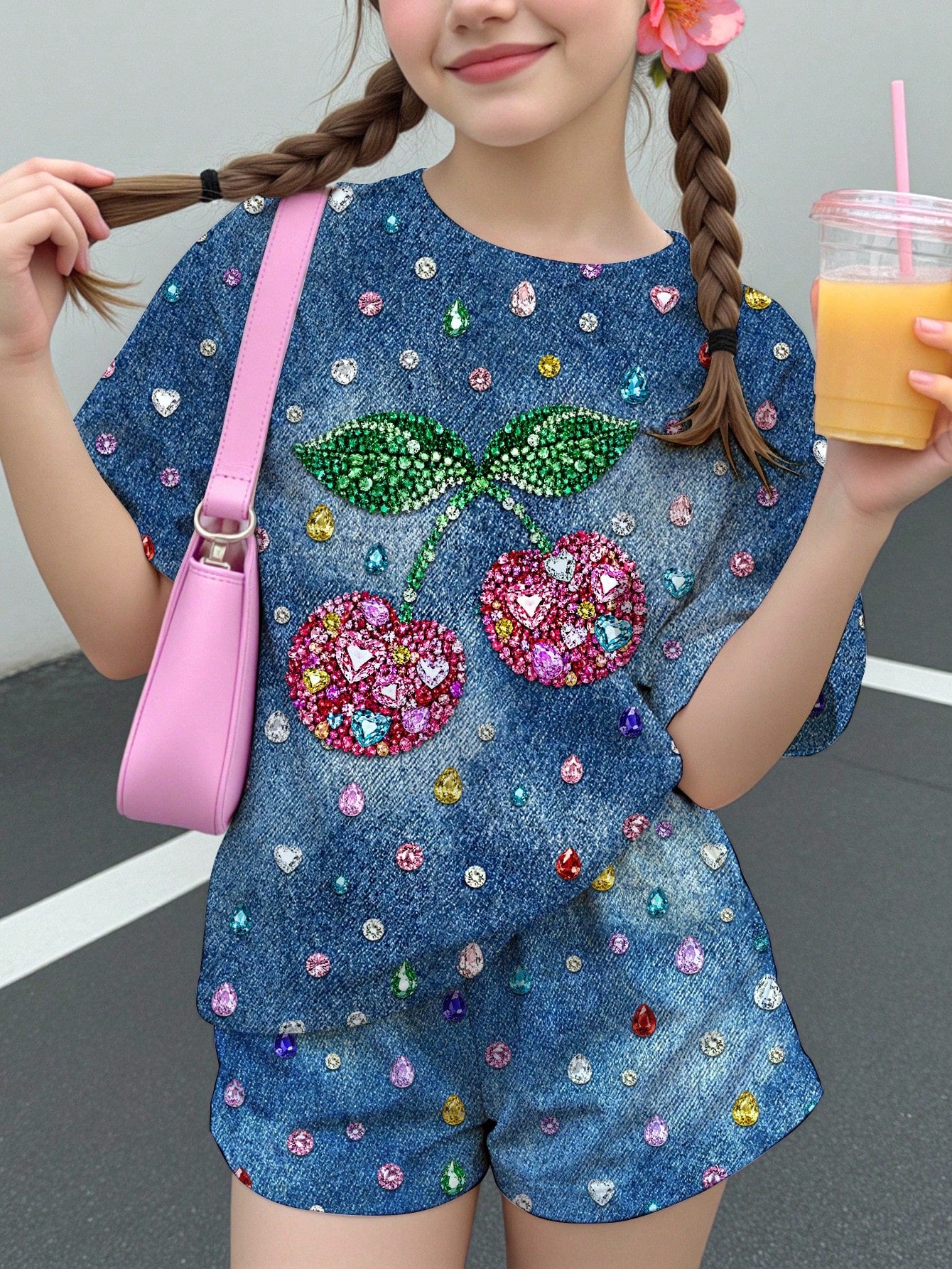 Multicolor heart print short sleeve top and loose shorts 2-piece set for tween girls