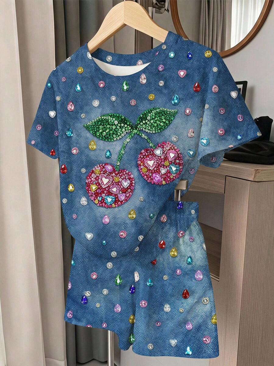 Multicolor heart print short sleeve top and loose shorts 2-piece set for tween girls