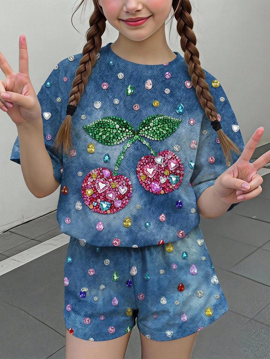 Multicolor heart print short sleeve top and loose shorts 2-piece set for tween girls