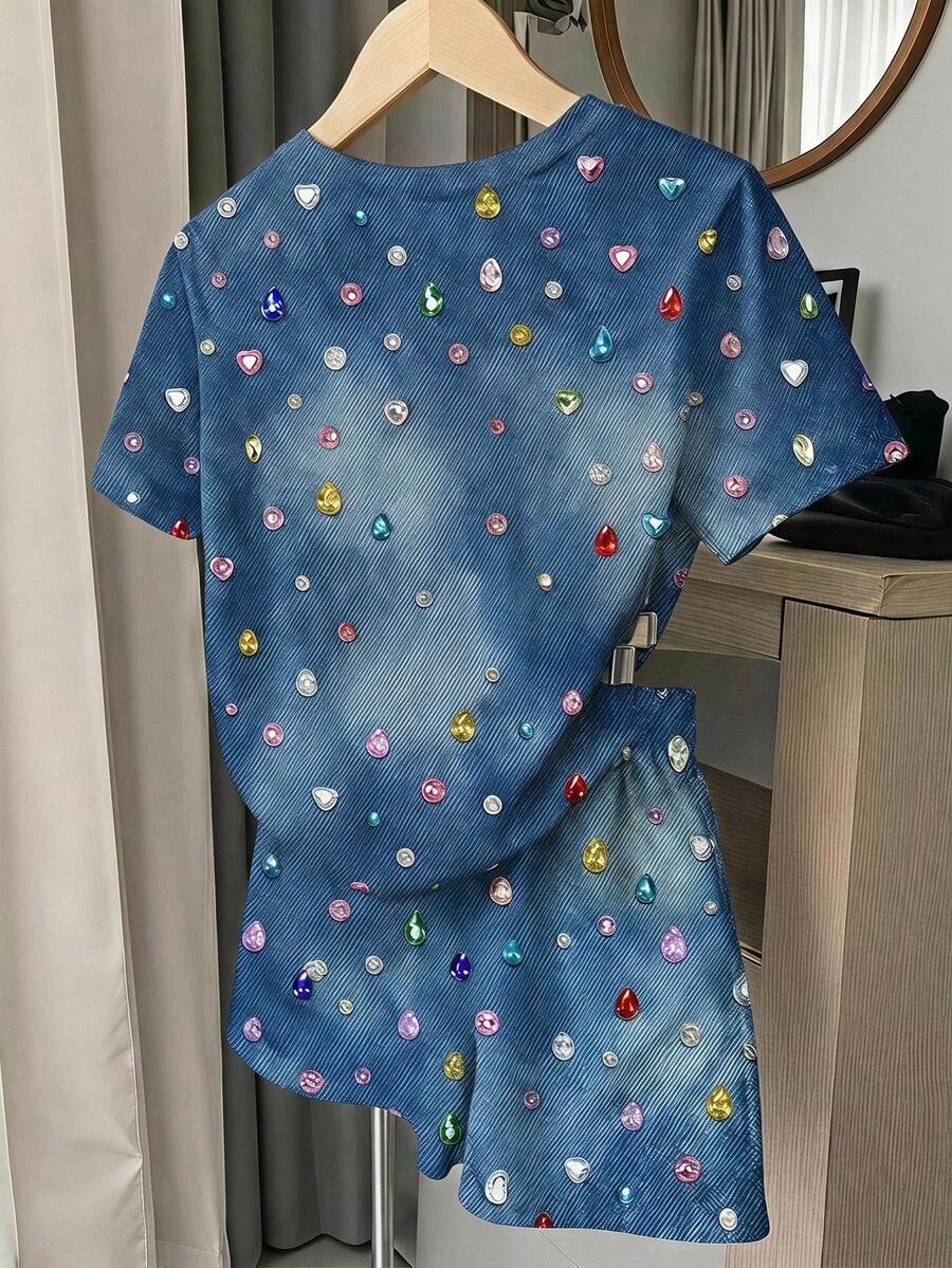 Multicolor heart print short sleeve top and loose shorts 2-piece set for tween girls
